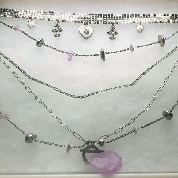 Silver and Purple Choker Layered Necklace - Picture 5 of 7